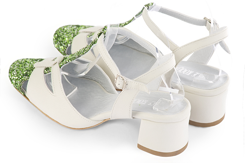 Mint green and off white women's open back T-strap shoes. Round toe. Low flare heels. Rear view - Florence KOOIJMAN